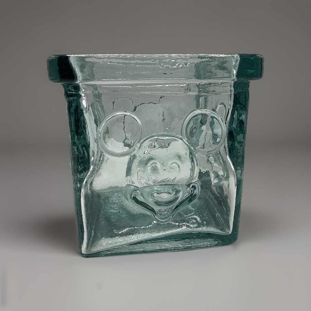 Disney Glass Relief Raised Mickey Mouse Blue Green Candle Holder Pen Holder Cube